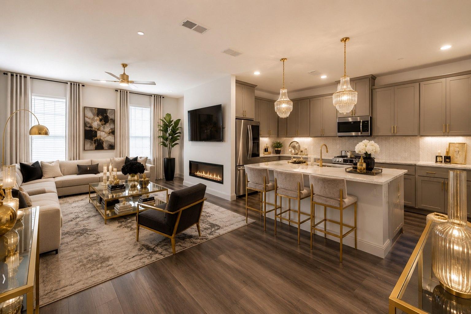 Concept rendering: a styled open-concept living and kitchen space