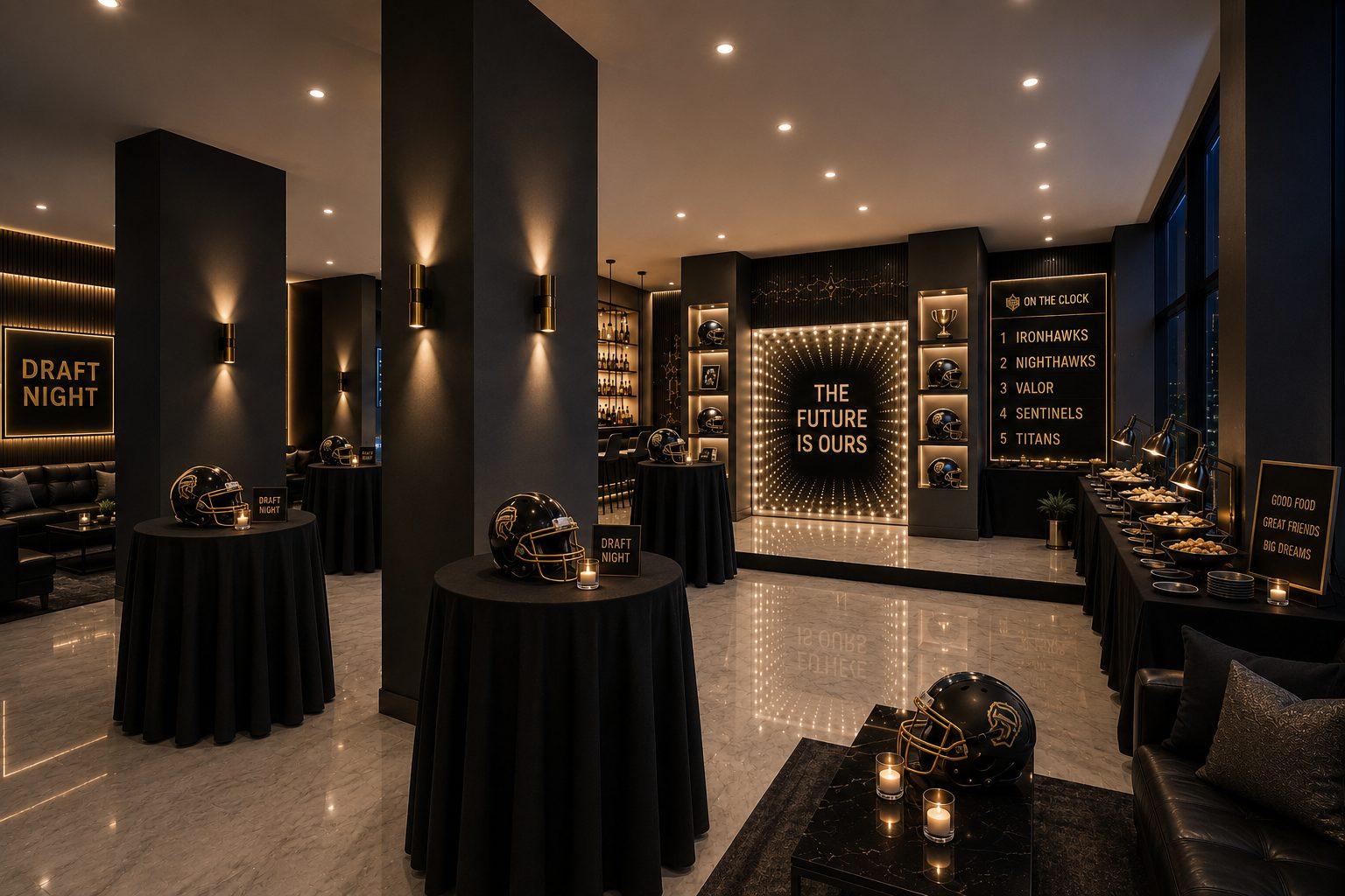 Concept rendering: a black and gold Draft Night lounge with illuminated backdrop and styled cocktail tables