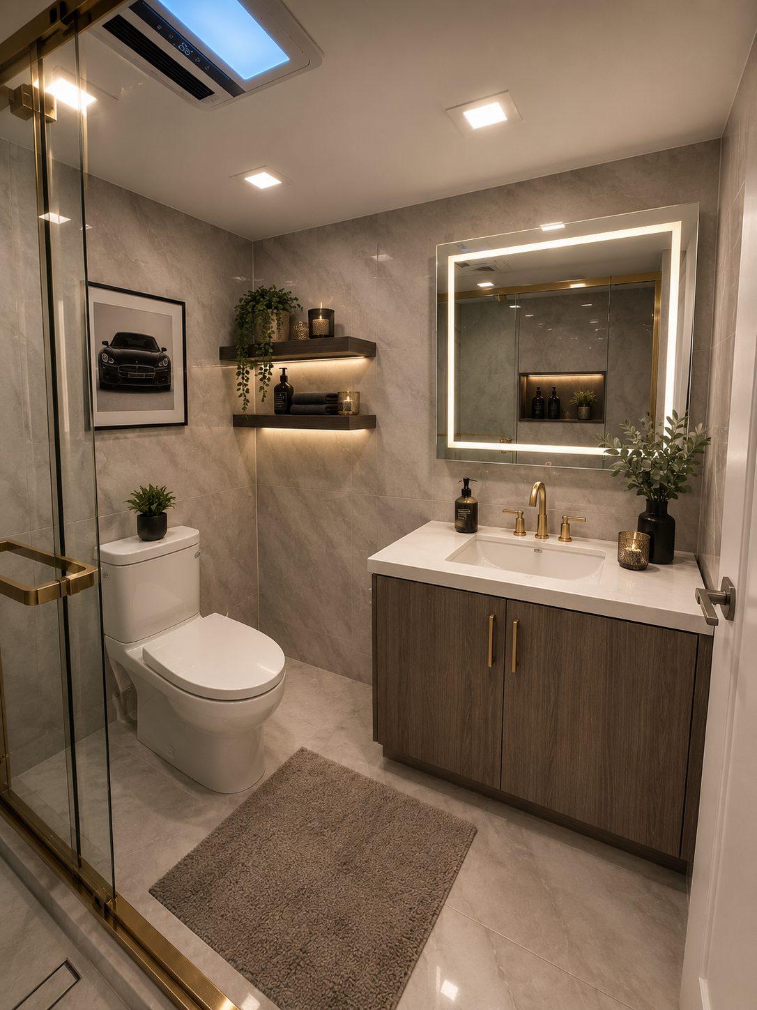 Design Concept: the same bathroom digitally reimagined with layered shelving, art, and warm styling