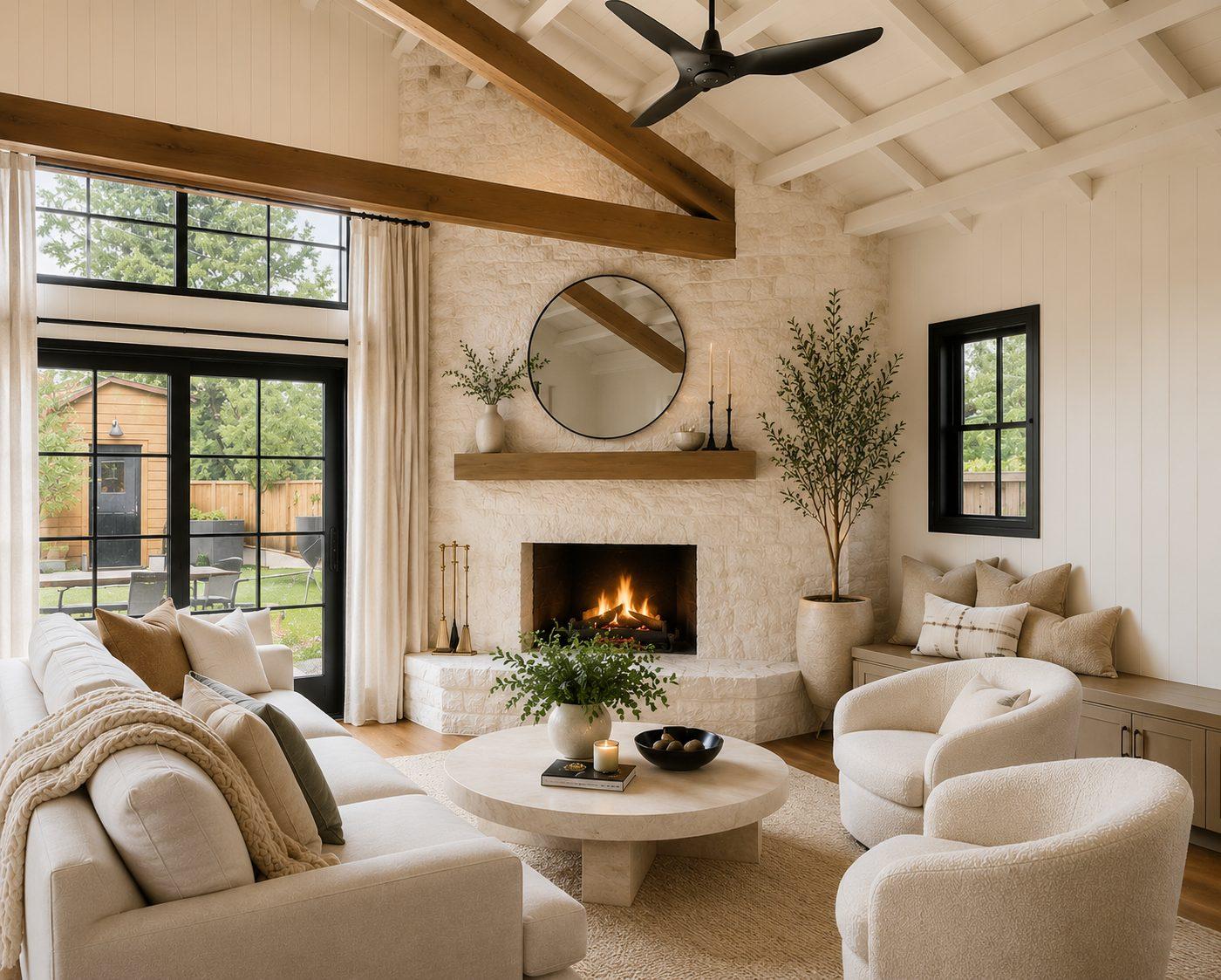 Design Concept: the same living room digitally reimagined in warm ivory with editorial styling