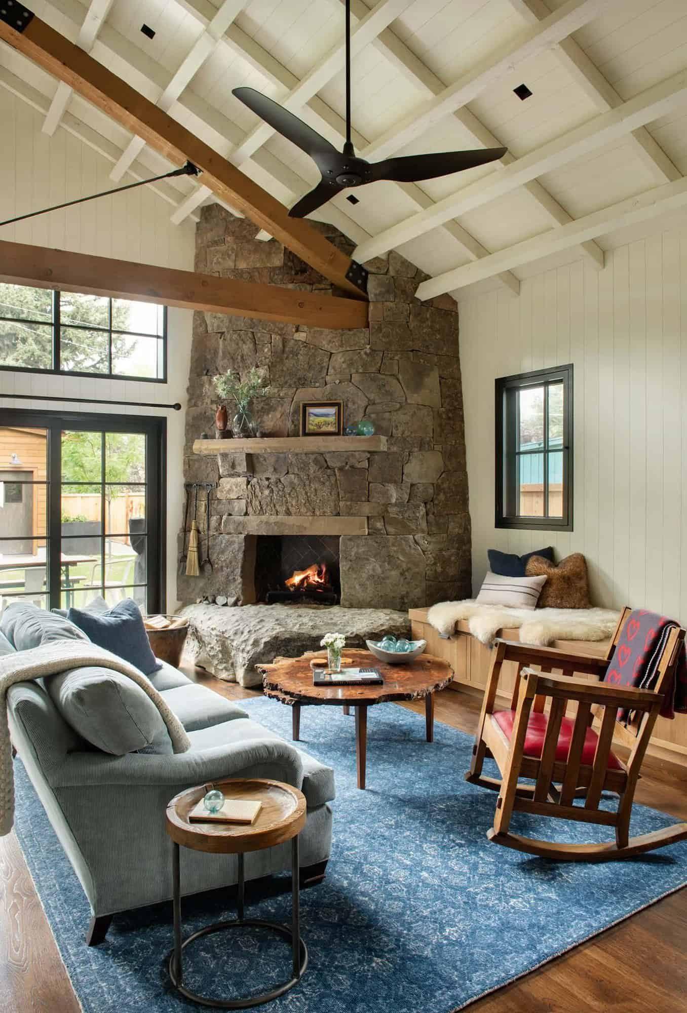 Before: a rustic living room with stone fireplace prior to the virtual staging concept