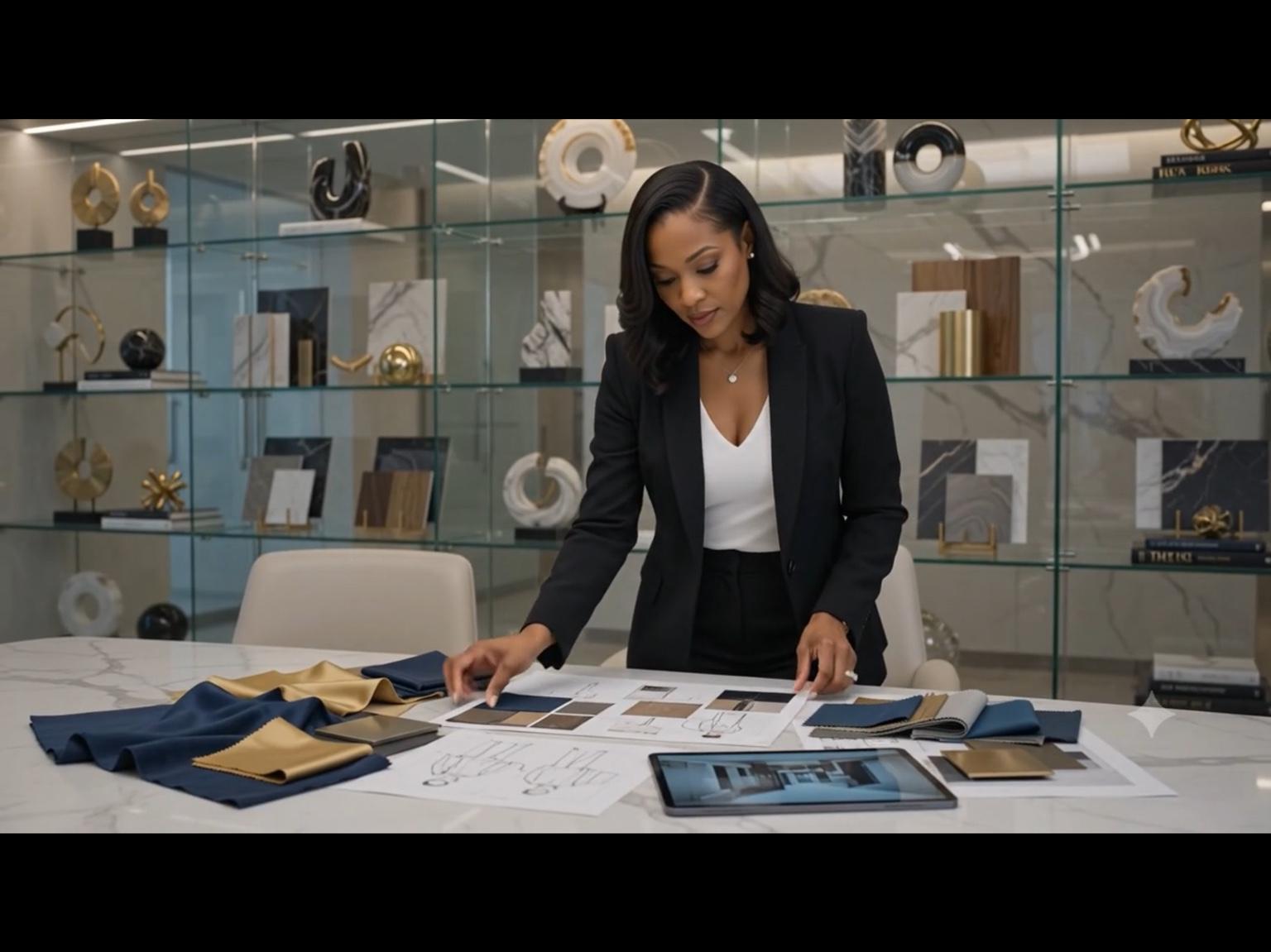 Juline Mathe working inside the Fly Girl Design Studio, curating fabrics, finishes, and design materials