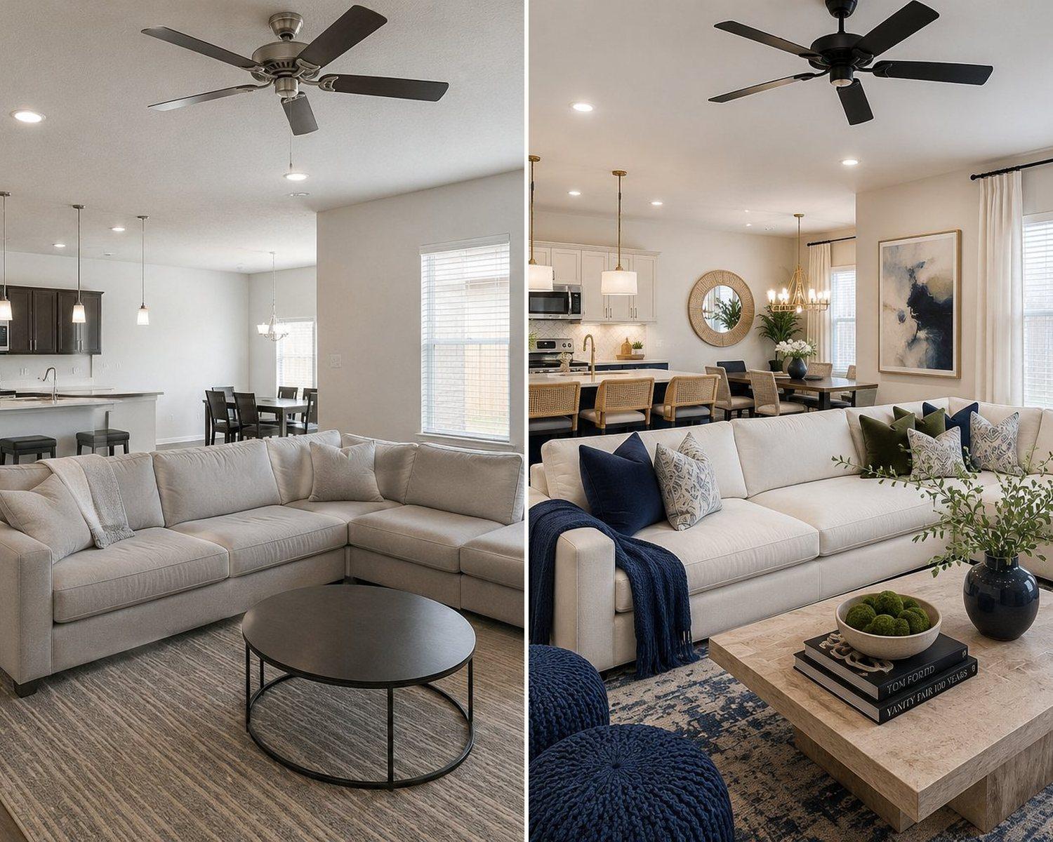 Before and after, the same living room transformed with layered navy, gold, and editorial staging