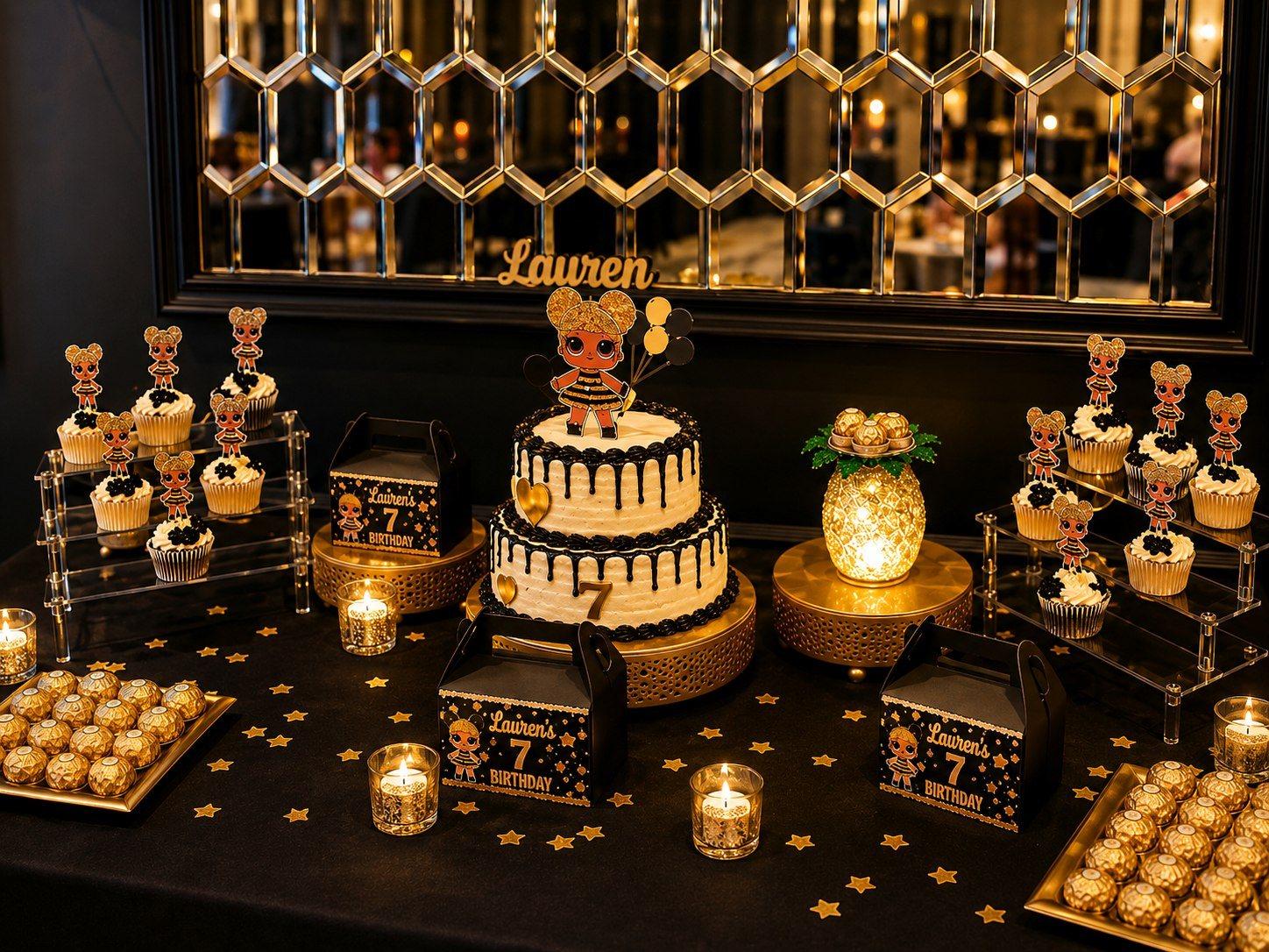 Lauren's luxury birthday celebration, black and gold dessert table with two-tier cake and mirrored backdrop