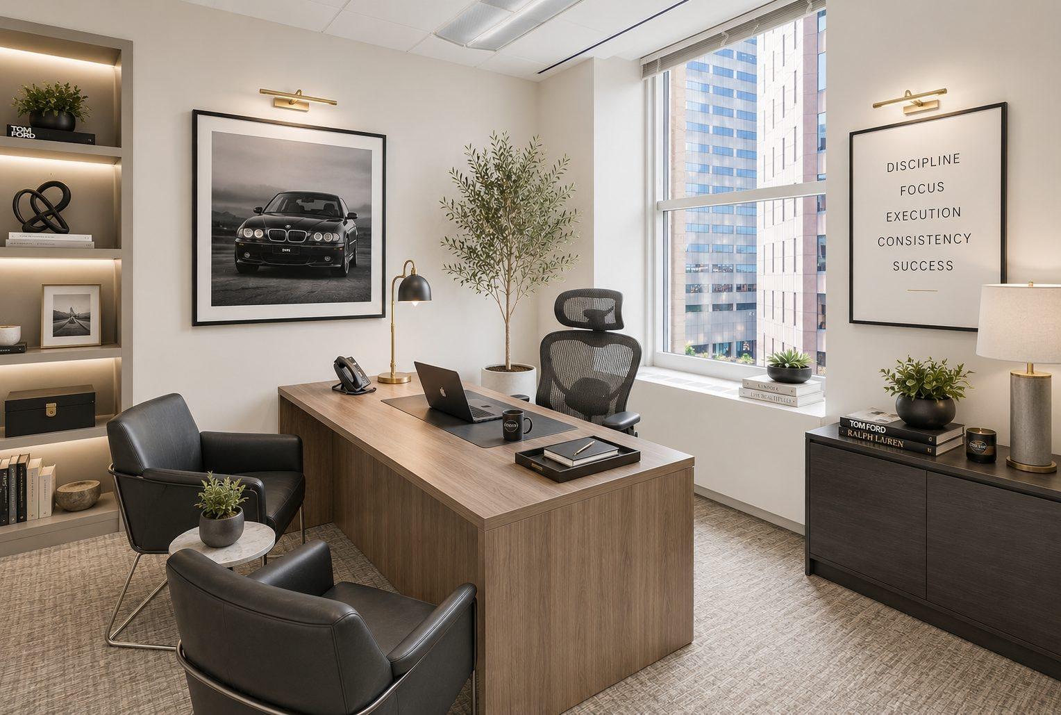 Design Concept: a styled executive office with automotive art, layered shelving, and refined details