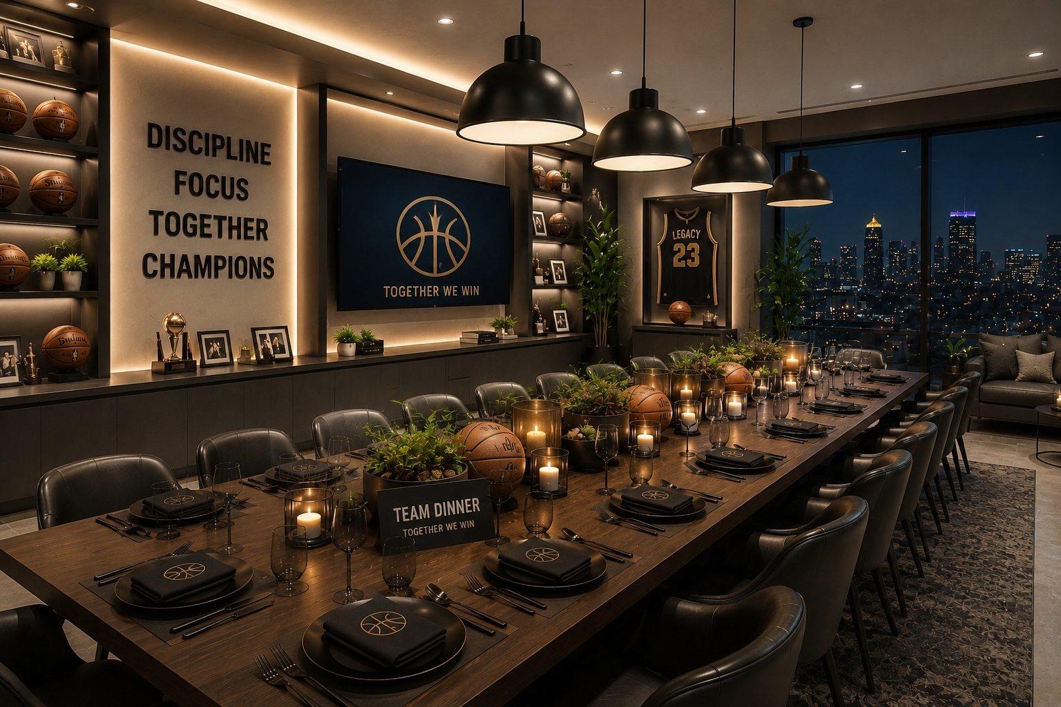 Design Concept: a candlelit team dinner with black and gold place settings and motivational styling