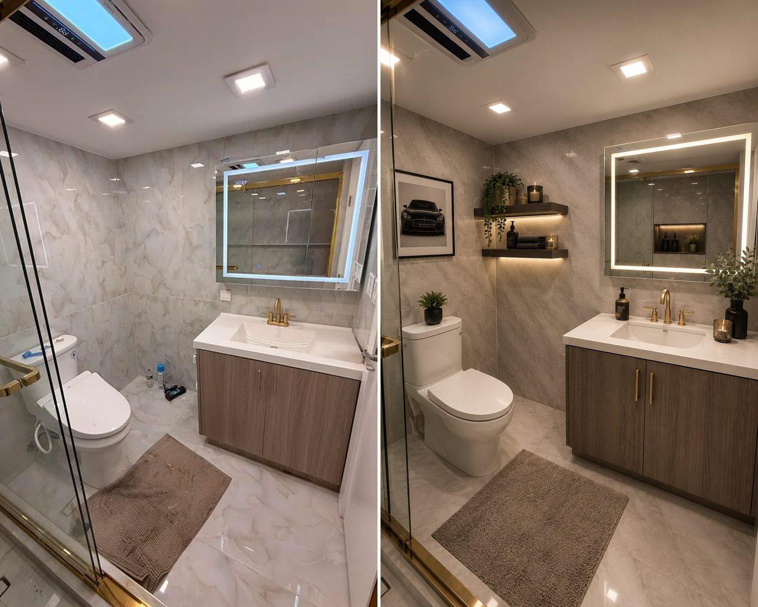 Before and after, a bathroom digitally reimagined with layered shelving, art, and warm styling, shown as a design concept