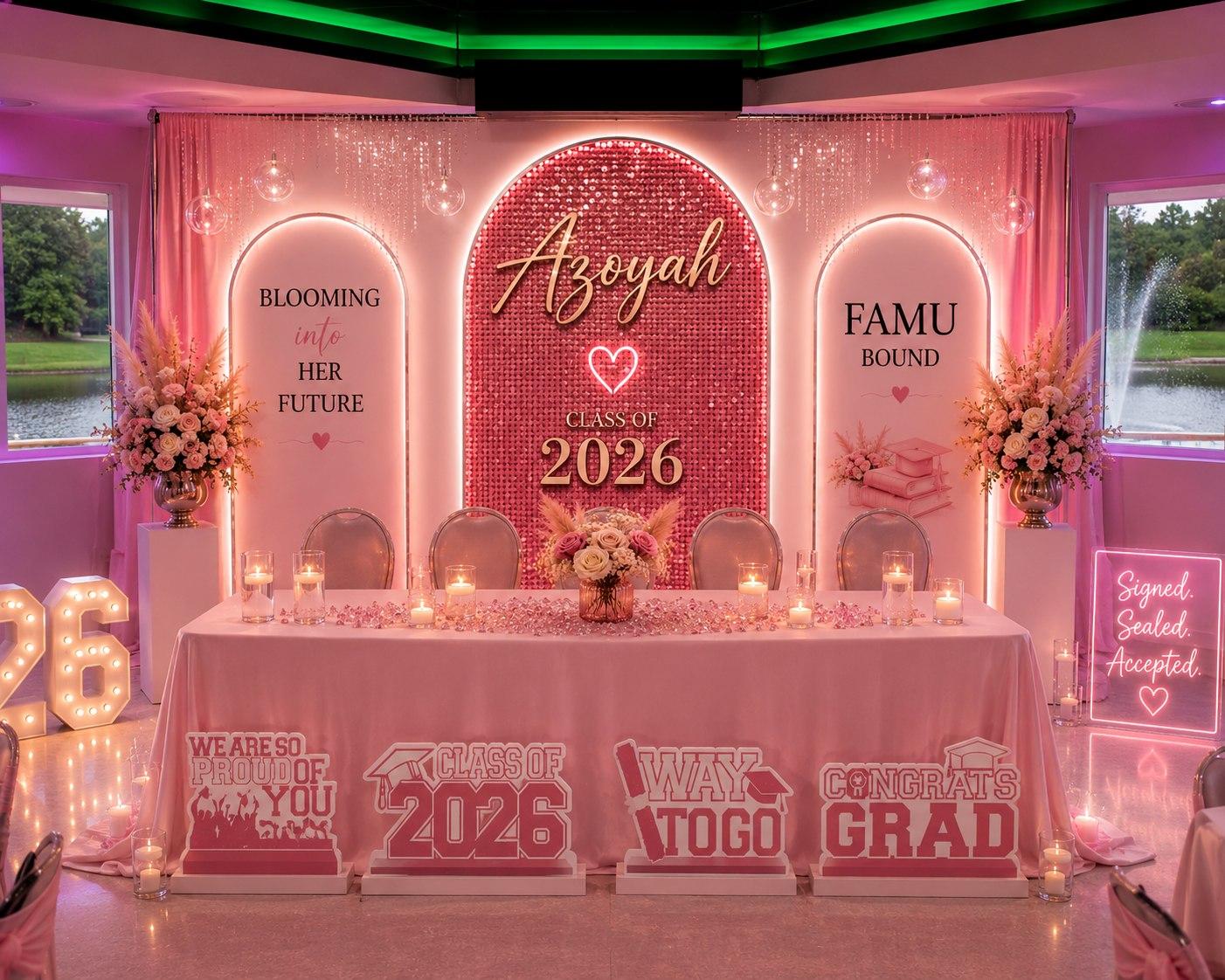 Personalized graduation sweetheart table with illuminated name signage, florals, and Class of 2026 signage