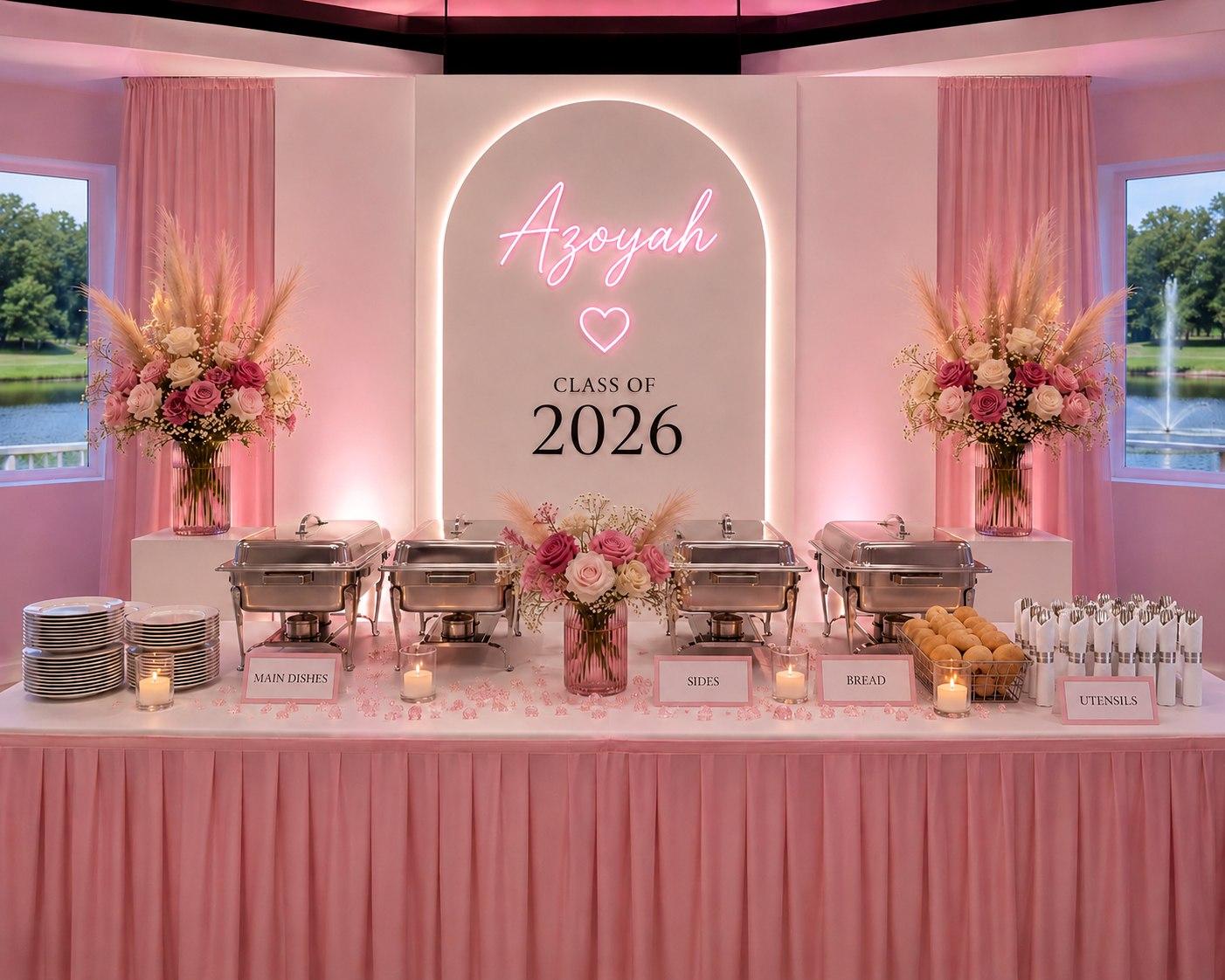 Blush pink buffet styling with neon name sign, florals, and labeled serving stations