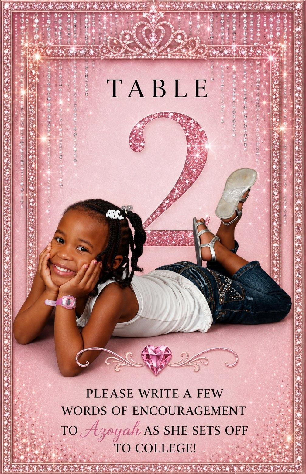 Sparkling table number card featuring a personal portrait