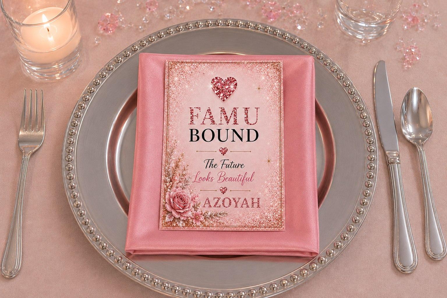 FAMU Bound menu card styled on a blush napkin atop a beaded charger
