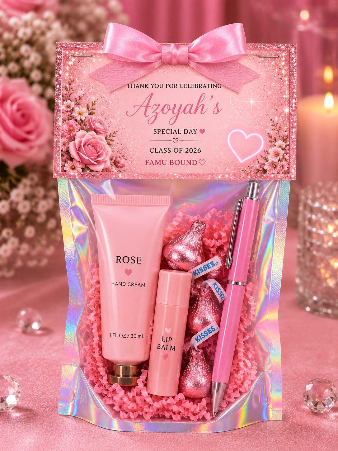 Personalized graduation welcome favor bag with rose hand cream, lip balm, and chocolate kisses