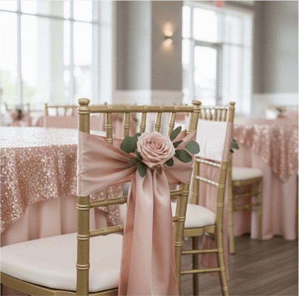 Gold chiavari chair with blush satin sash and single rose detail