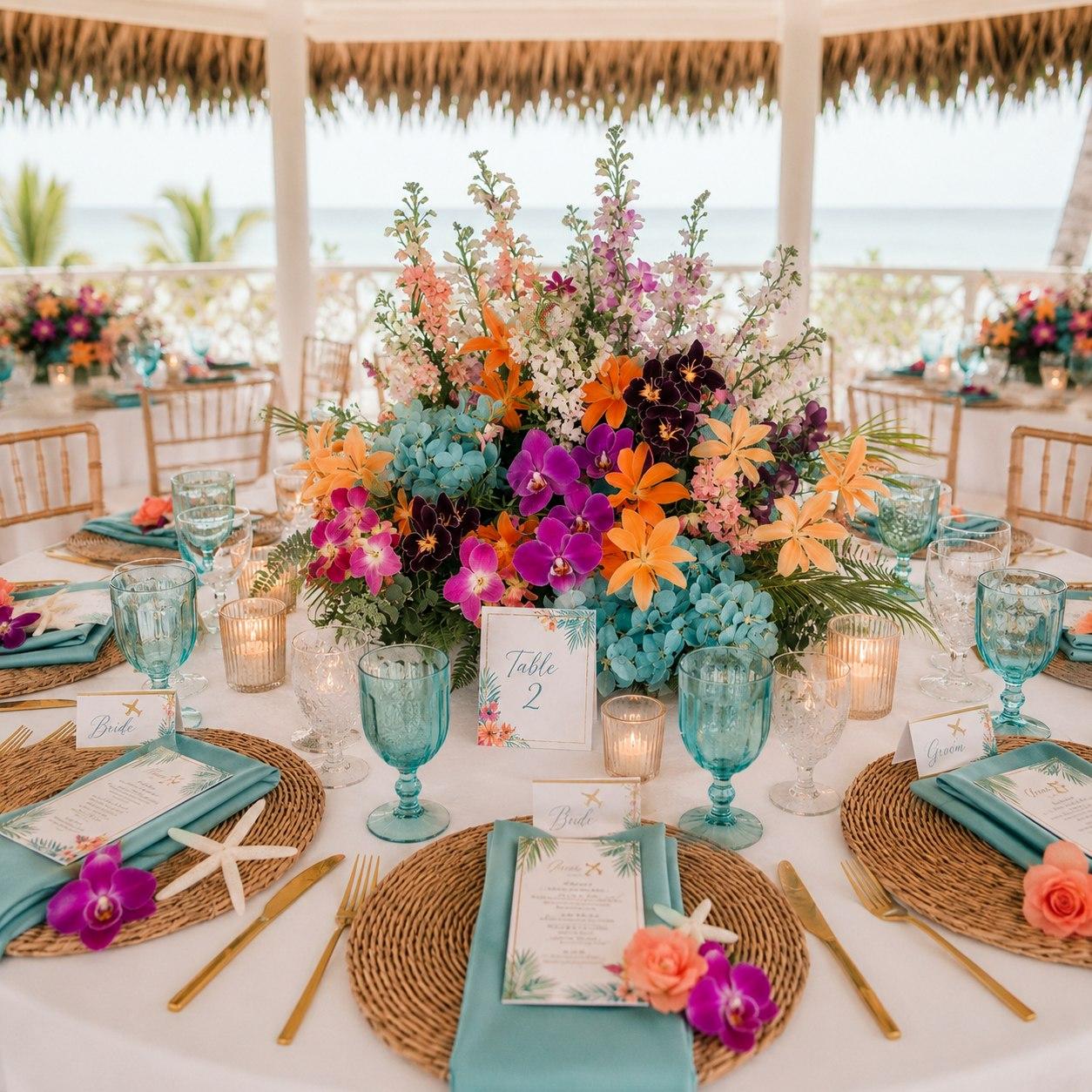 Vibrant tropical centerpiece with orchids and teal glassware at an oceanfront reception