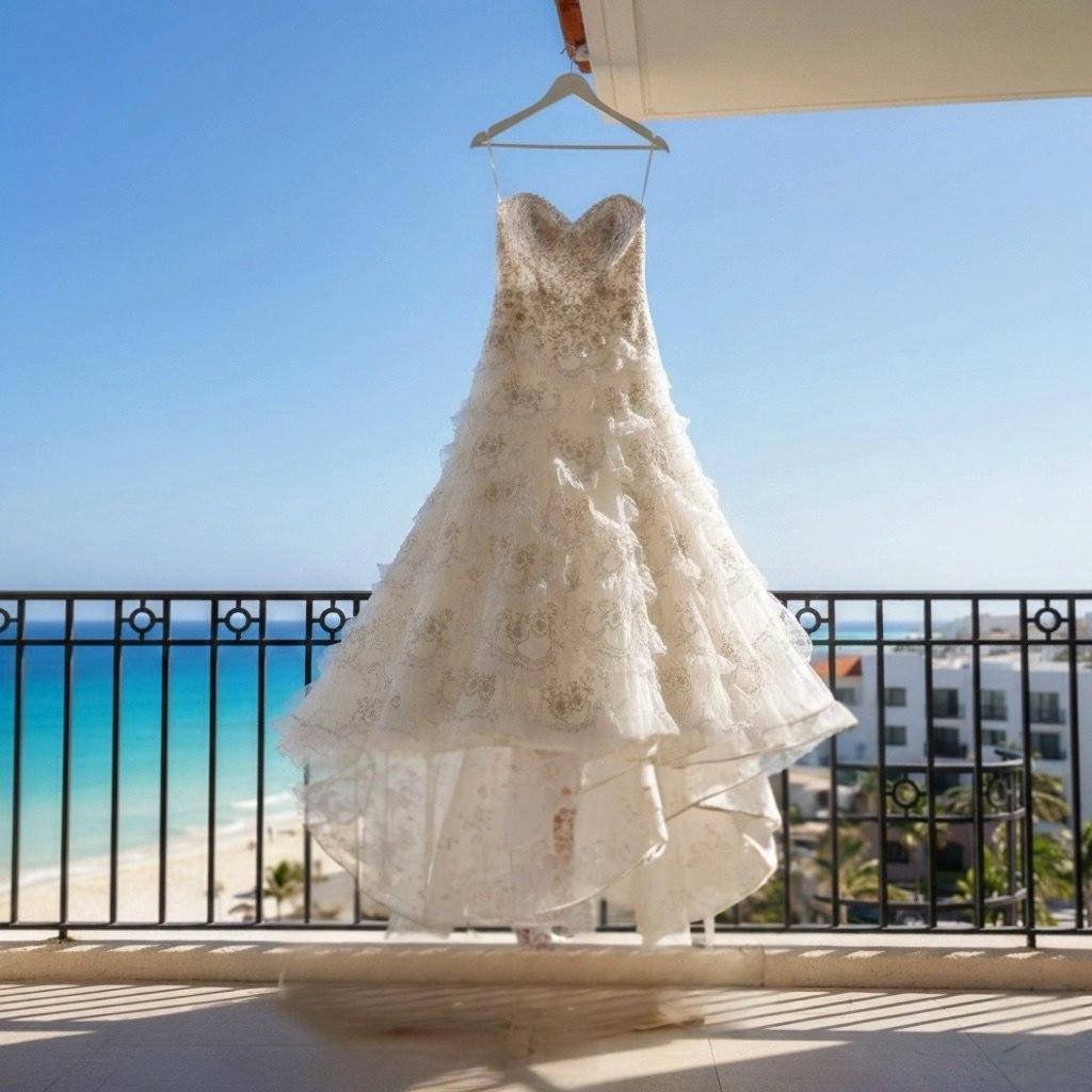 Wedding gown hanging with an ocean view balcony backdrop