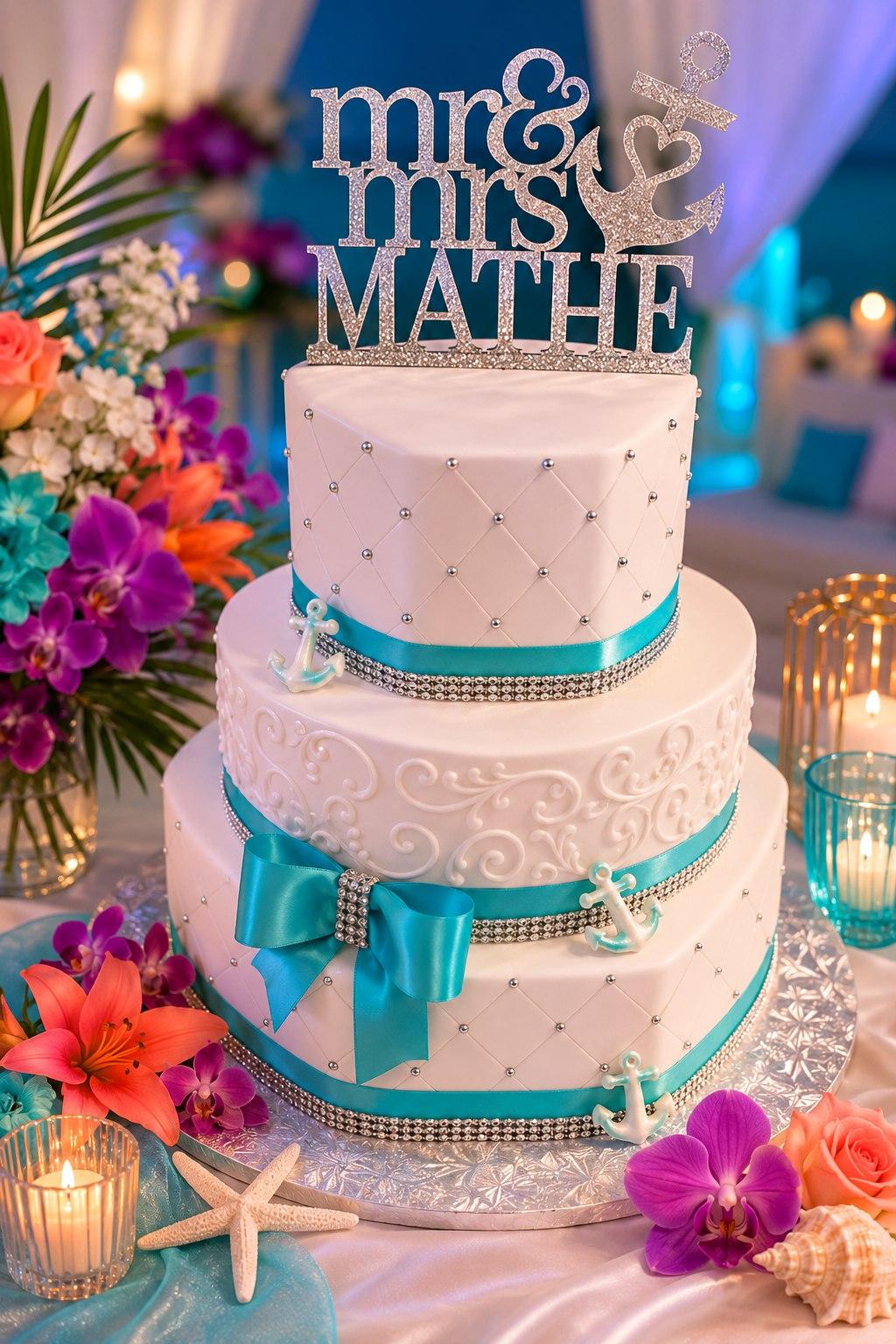 Three-tier wedding cake with teal ribbon and personalized cake topper