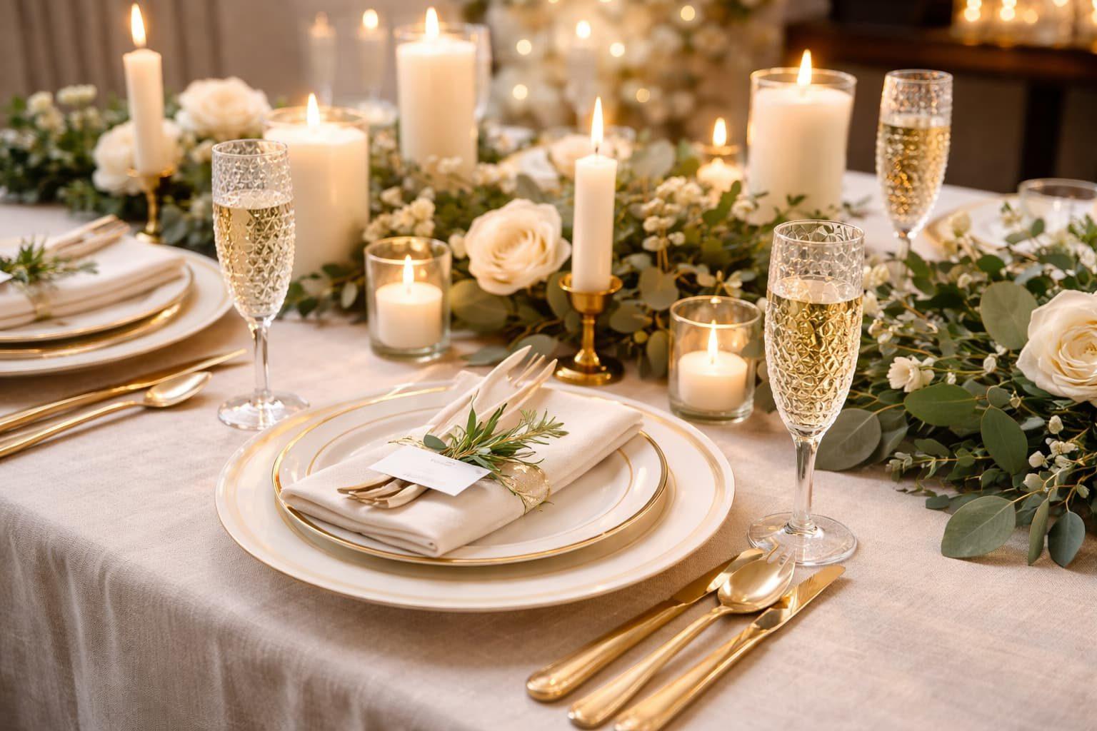 Gold jeweled charger with white embroidered napkin and butterfly napkin ring on a black table