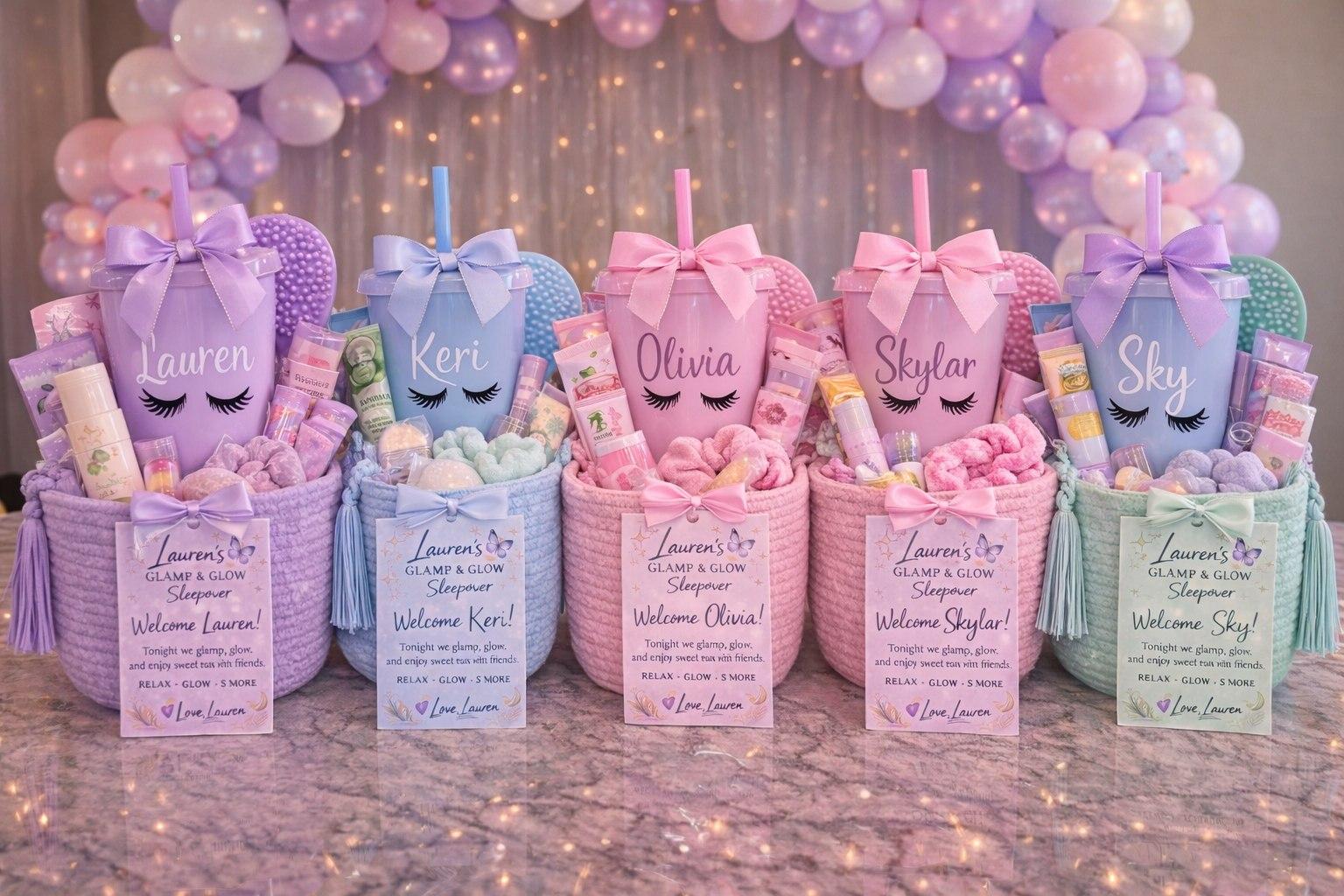 Personalized welcome tumblers styled as guest gifts for a boutique celebration