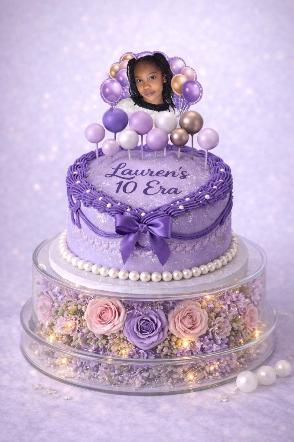 Lavender birthday cake with a personalized photo topper and fresh floral base