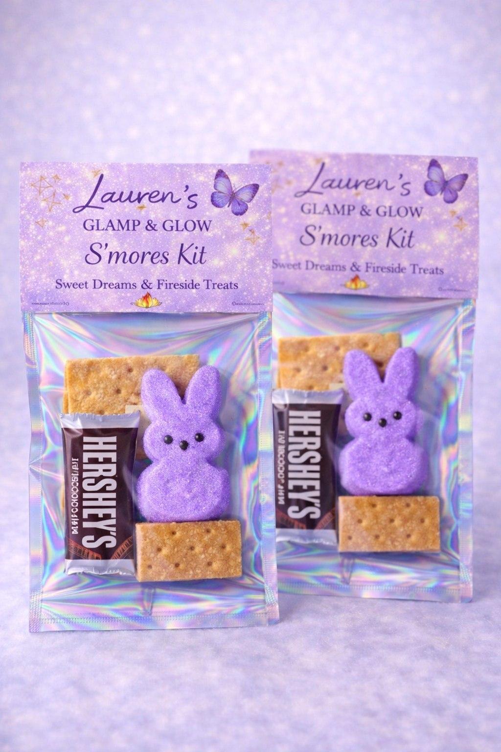 Packaged s'mores favor kit with personalized labeling and ribbon