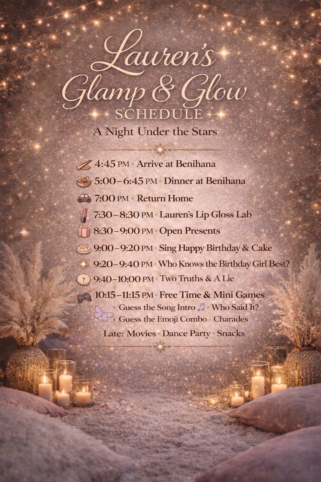 A printed evening schedule styled for a glamp and glow sleepover celebration