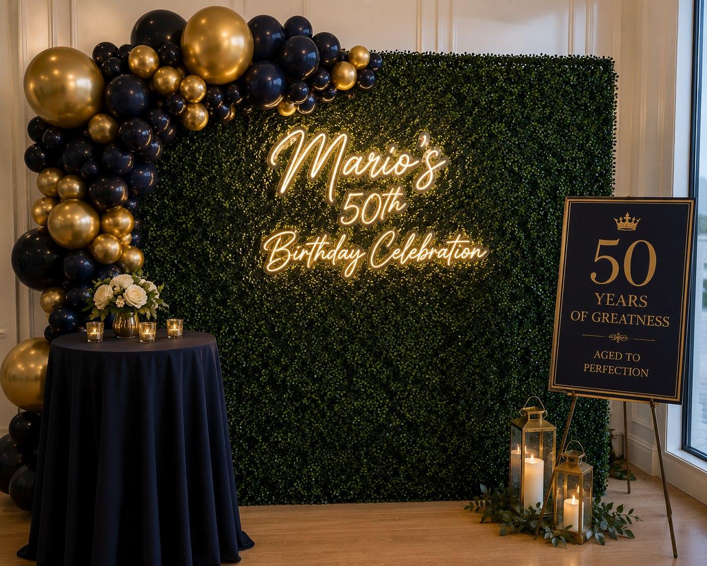 Navy and gold 50th birthday backdrop with illuminated neon signage, celebration styling, and greenery wall