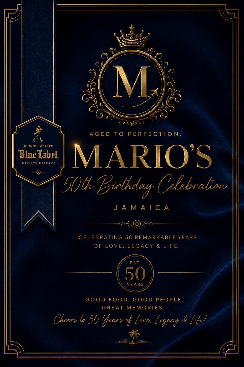 Navy and gold milestone invitation design with monogram crest