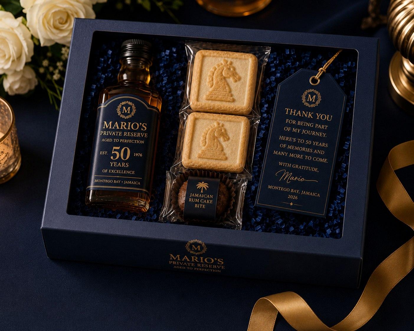 Navy and gold milestone celebration favor box with personalized detailing