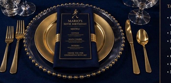 Navy and gold place setting with personalized menu card