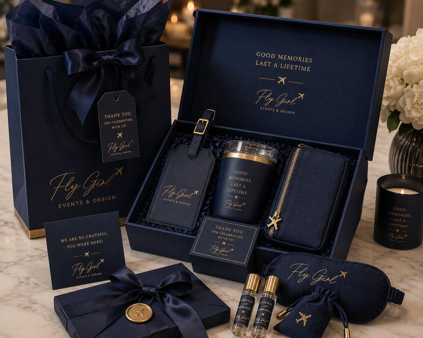Navy and gold Fly Girl branded welcome gift collection with tumbler, luggage tag, sleep mask, and wax-sealed stationery