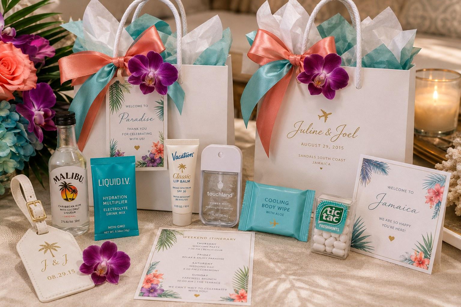 Luxury destination welcome bags with personalized gifts and travel essentials