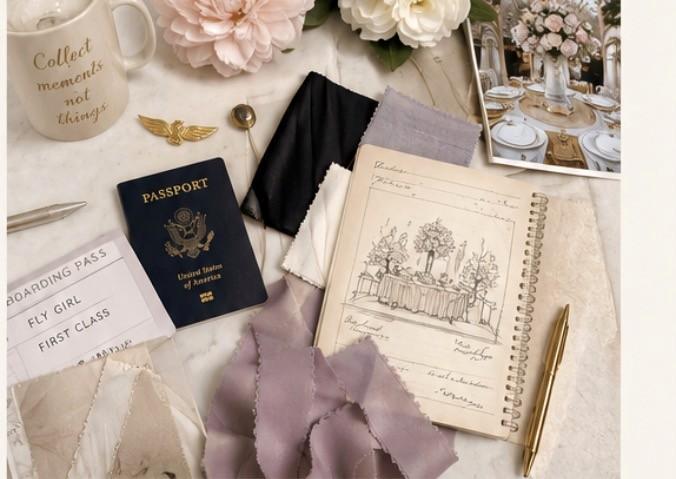 A luxury travel and design flat-lay, passport, Fly Girl first-class boarding pass, fabric swatches, a hand-sketched celebration, gold pen, florals, and a wedding inspiration photo