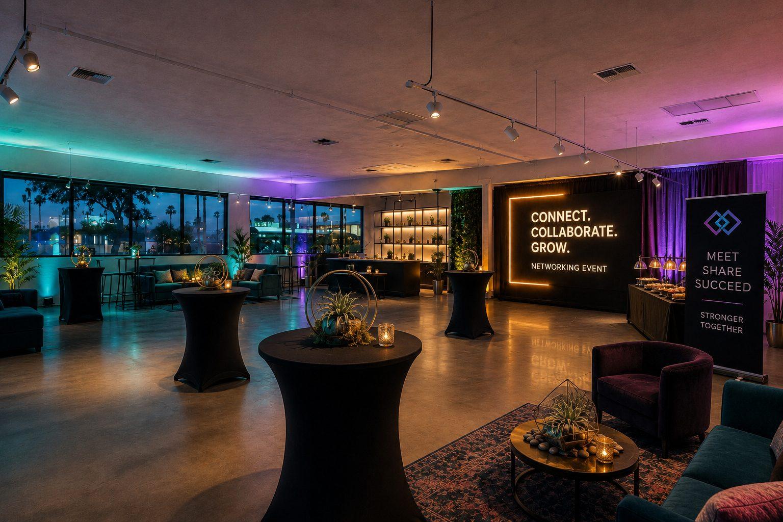 Design Concept: an executive networking event with styled cocktail tables, lounge seating, and illuminated signage