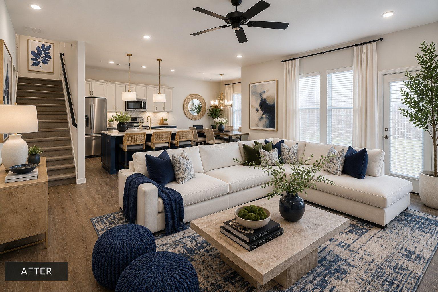 The same living room after Fly Girl staging, layered navy, gold, and editorial styling