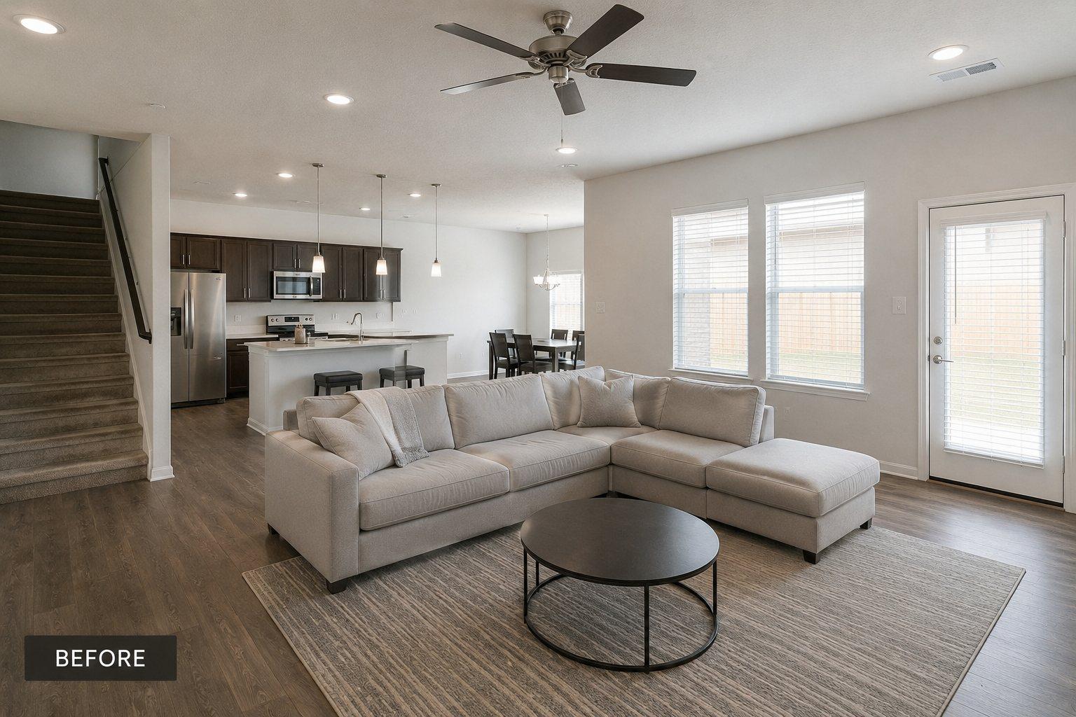 Living room before Fly Girl staging, neutral and unstyled