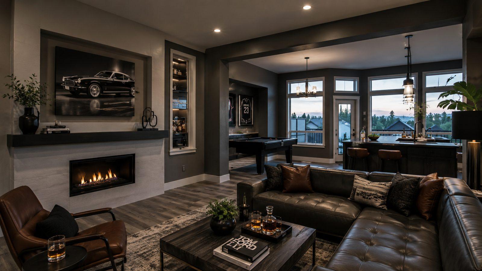 Concept rendering: a moody executive lounge with leather seating, fireplace, and considered styling