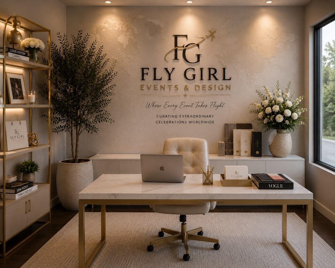 The Fly Girl Events & Design studio, styled with the FG wall installation and a first-class check-in desk