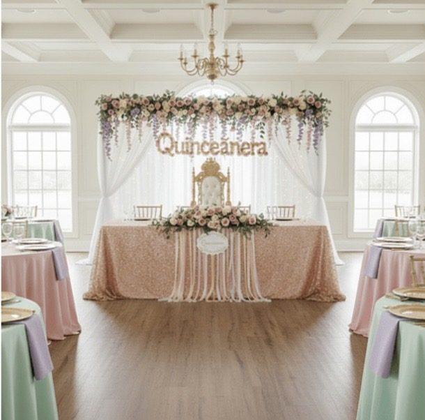 Quinceañera head table with blush sequin linen, floral garland backdrop, and throne seating