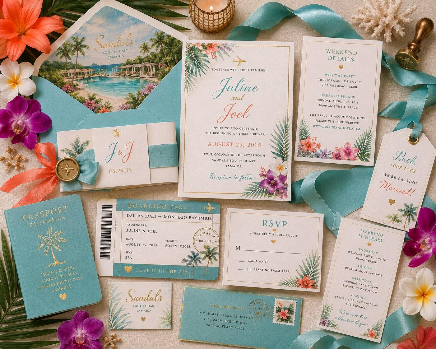 Travel-inspired destination wedding invitation suite with passport, boarding pass, and Sandals South Coast Jamaica stationery