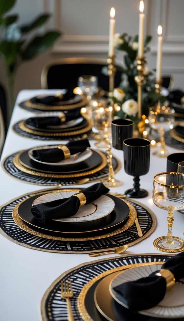 Black and gold executive dinner tablescape with patterned chargers, black goblets, and taper candles
