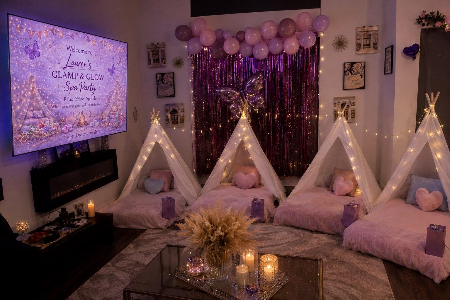 Lauren's Glamp & Glow Spa Party, glamping tents styled with fairy lights and a welcome screen
